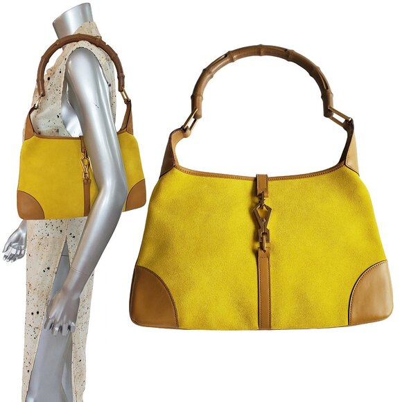 GUCCI BAG JACKIE YELLOW SUEDE LEATHER BAMBOO HANDLE HOBO - Picture 1 of 10